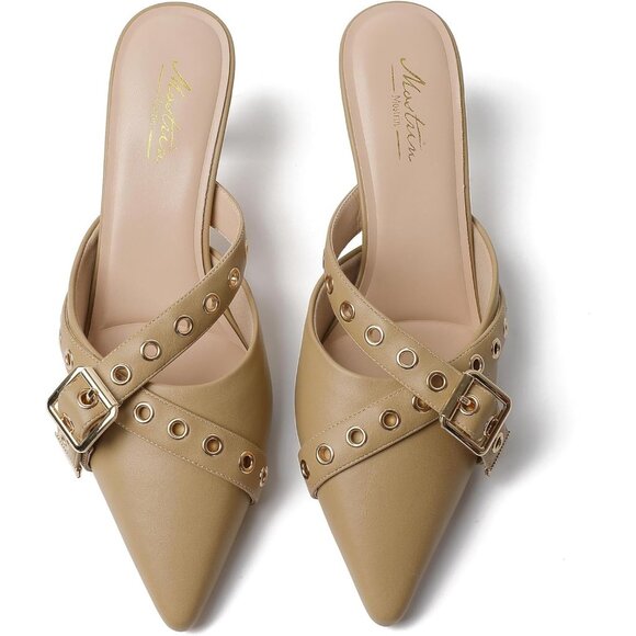 Beige Women Heels Elegant Pointed Toe Buckle Strap Stylish Slip On High Heel Pum - Picture 2 of 9